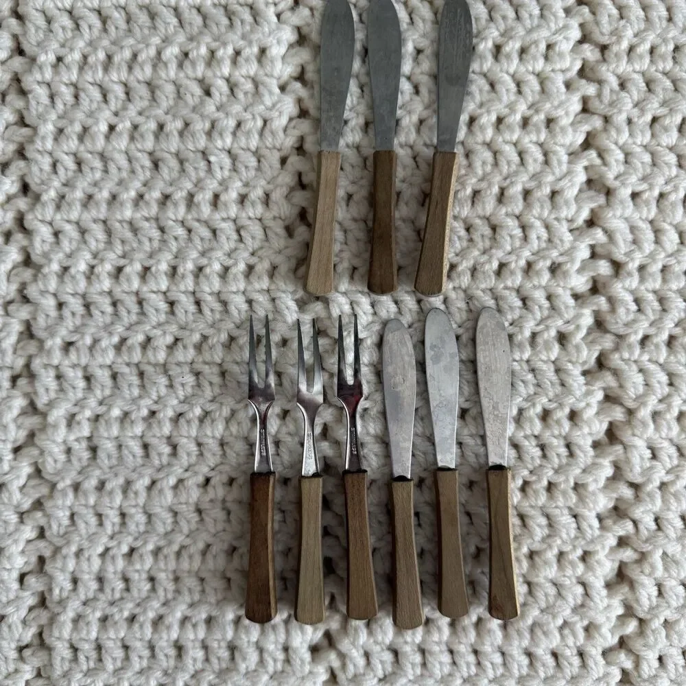 Vintage Wood Stainless Appetizer Forks (3) Knives (6) Set Of 9 Mini Utensils MCM